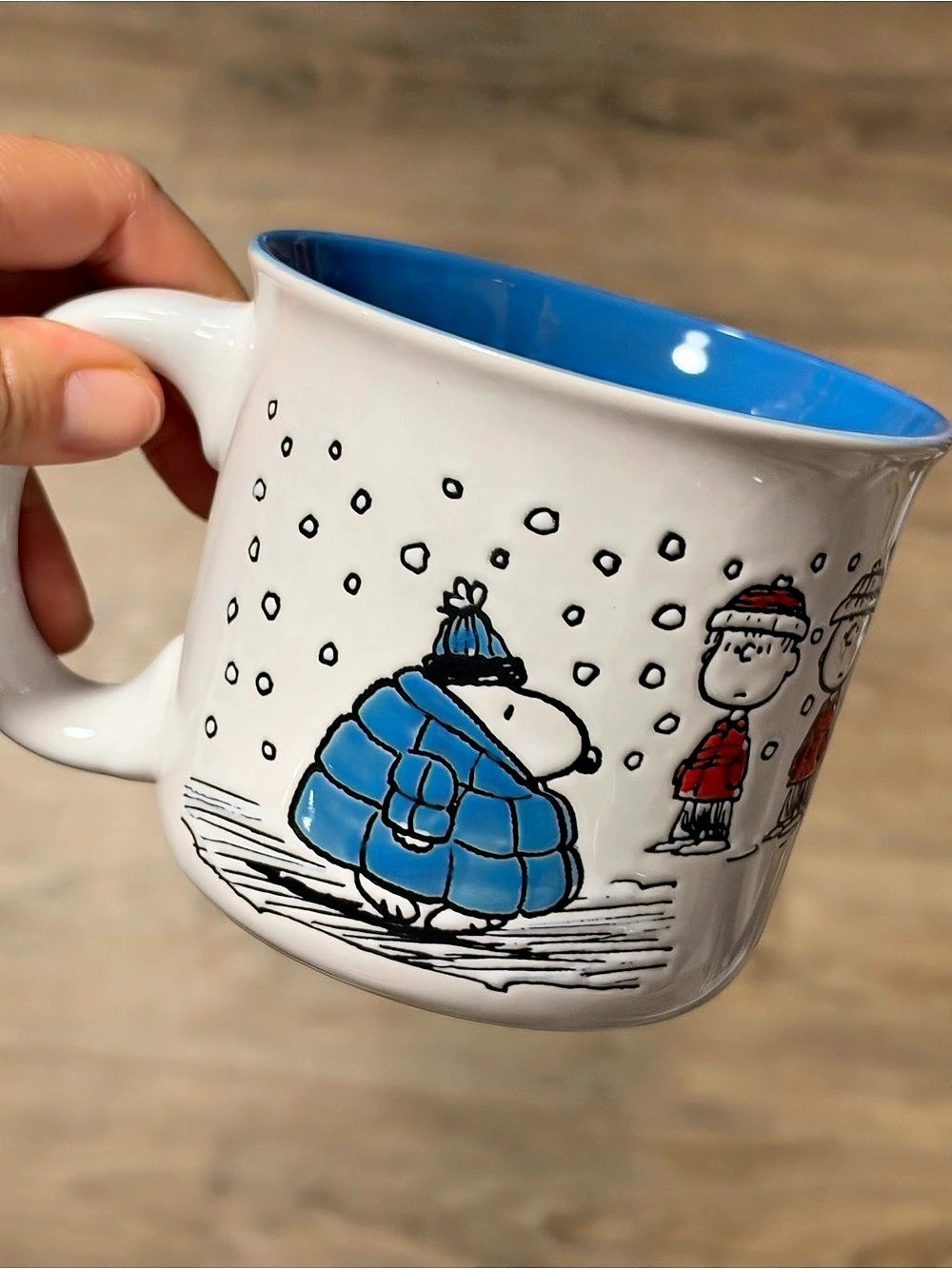 Peanuts Winter Snow Scene Ceramic Mug in White & Blue